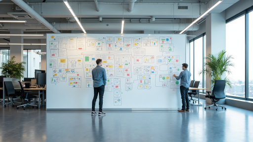 办公室团队工作场景，几位员工正在讨论产品设计，现代化办公环境，墙上挂着品牌标识