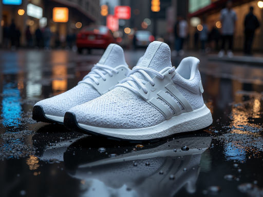 运动鞋正面展示，采用黑白配色，鞋面为透气网布材质，鞋底厚实具有缓震效果，侧面有品牌标识