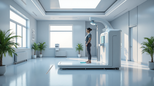 足部扫描设备正在工作，显示足部压力分布图，高科技感的扫描仪和电脑屏幕，体现精准测量技术