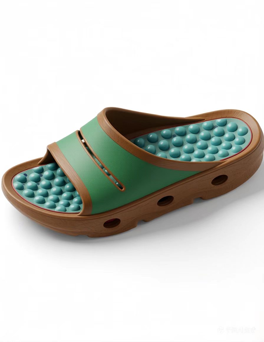 康复鞋正面展示，采用深蓝色为主色调，鞋面有加固支撑设计，鞋底平底设计，适合康复期间穿着